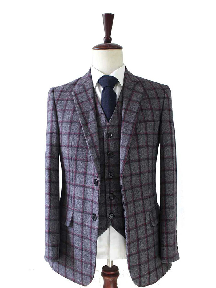 Maatpak voor heren | 3-delig pak | grijs/rood Windowpane | Michael Gray | Peaky Blinders