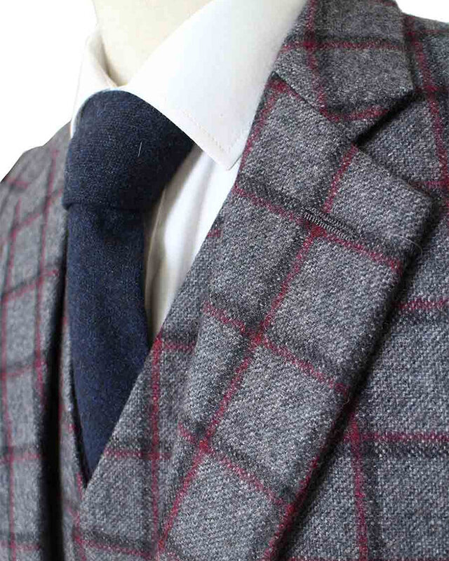 Traje sastre hombre | Traje 3 piezas | gris/rojo Windowpane | Michael Gray | Peaky Blinders