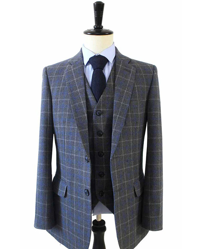 Men's tailored suit | 3-piece suit | grey/blue Overcheck Twill | Johnny Dogs | Peaky Blinders