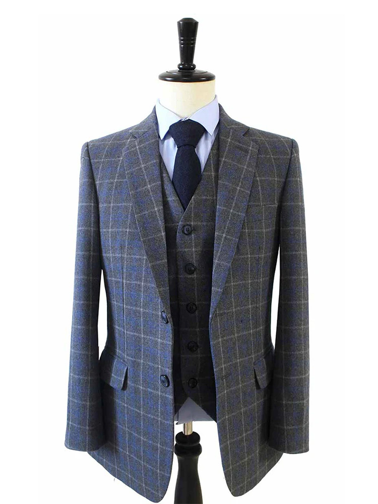 Maatpak voor heren | 3-delig pak | grijs/blauw Overcheck Twill | Johnny Dogs | Peaky Blinders