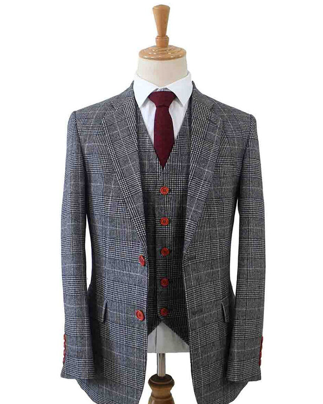 Traje de tweed de 3 piezas Pata de gallo gris claro