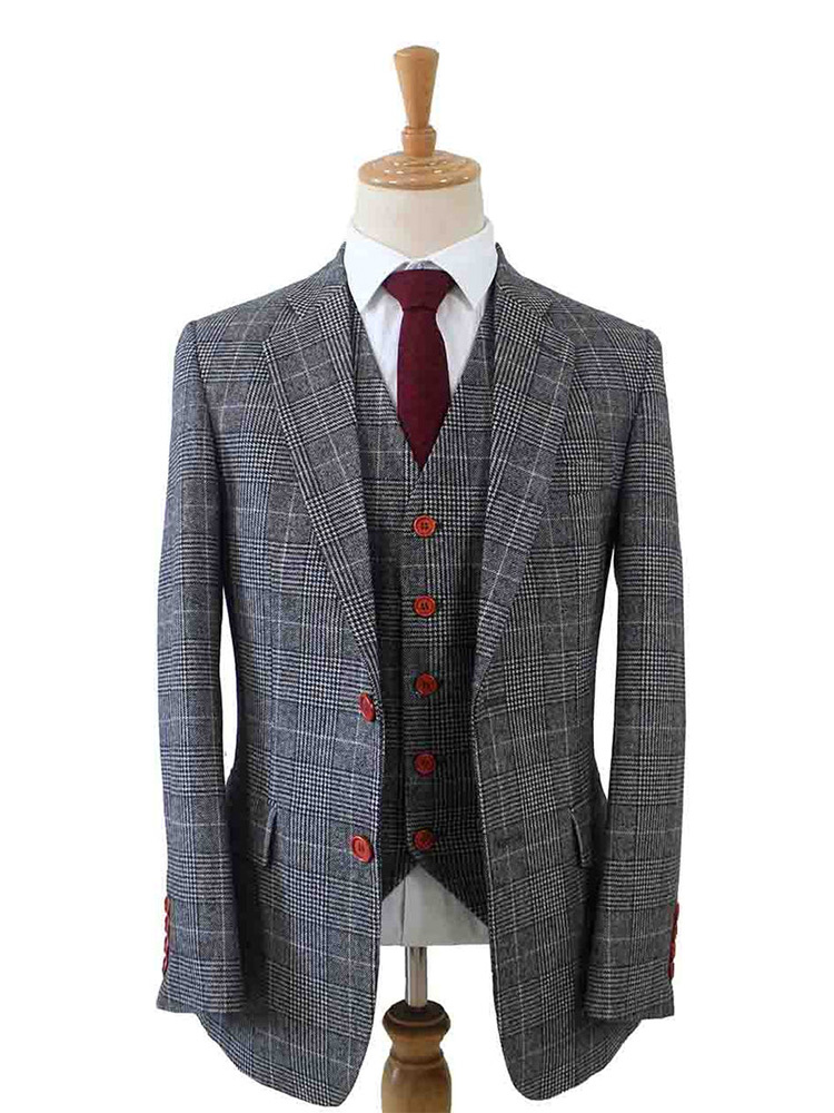 Costume 3 pièces en tweed Houndstooth gris clair