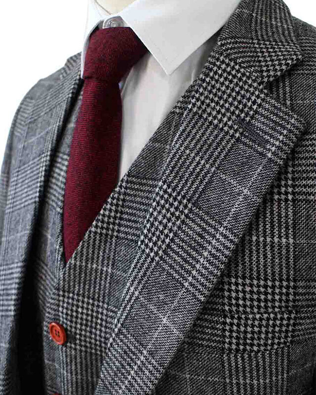 Traje de tweed de 3 piezas Pata de gallo gris claro