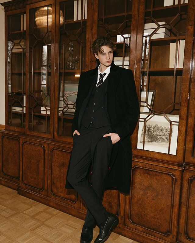 Abrigo largo de lana | Negro/Rojo | Hombre | Estilo Vintage de los Años 1920