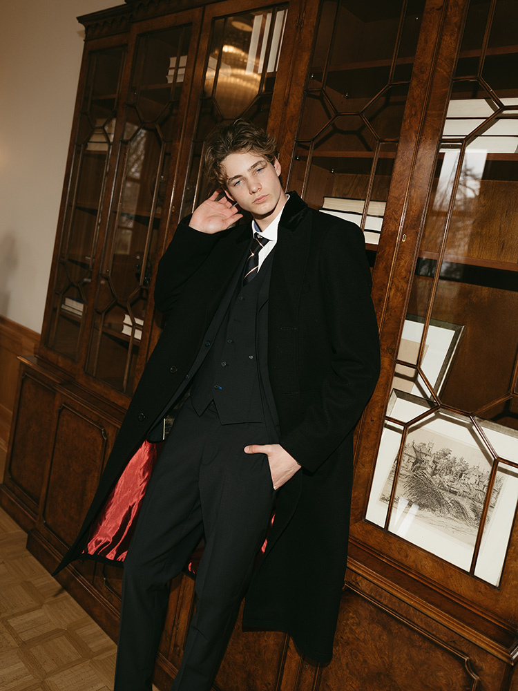 Long Wool Overcoat | Black/Red | Men's | Vintage 1920s Style