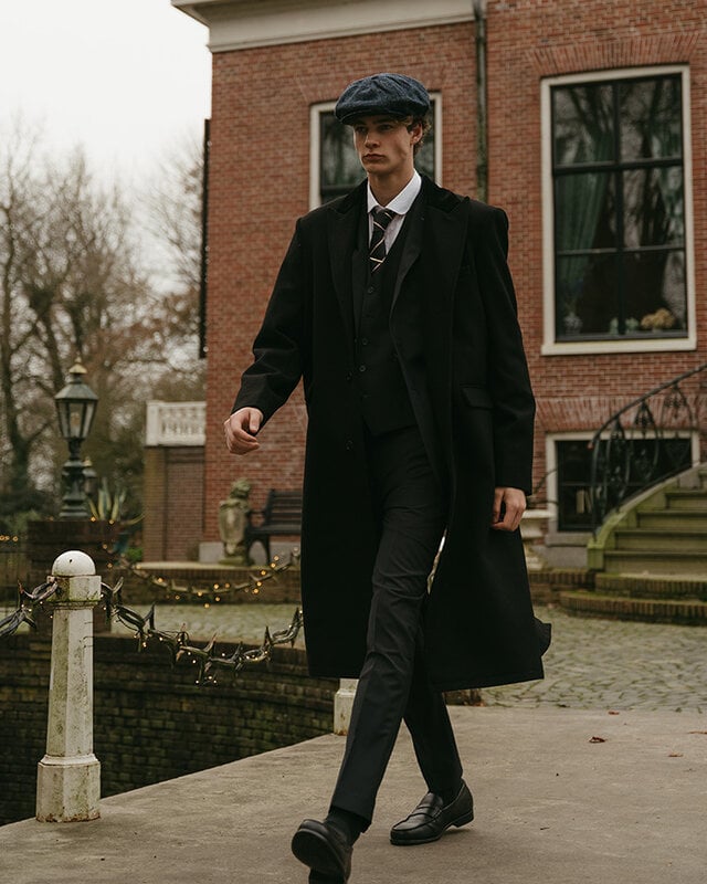 Long Wool Overcoat | Black/Red | Men's | Vintage 1920s Style