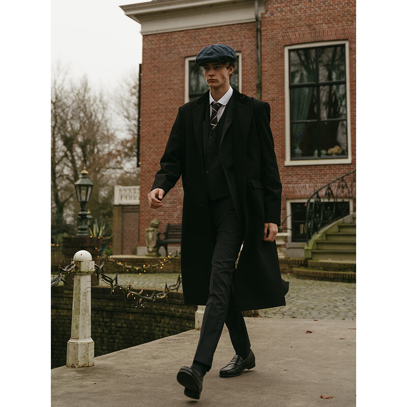 Long Wool Overcoat | Black/Red | Men's | Vintage 1920s Style