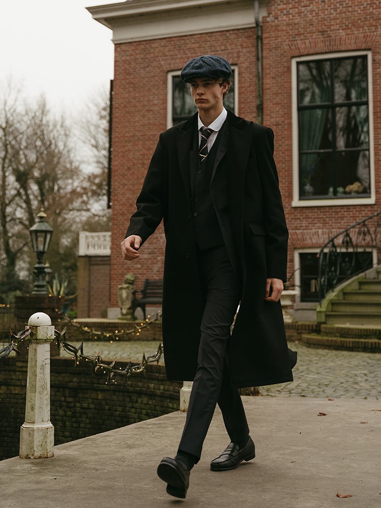 Long Wool Overcoat | Black/Red | Men's | Vintage 1920s Style