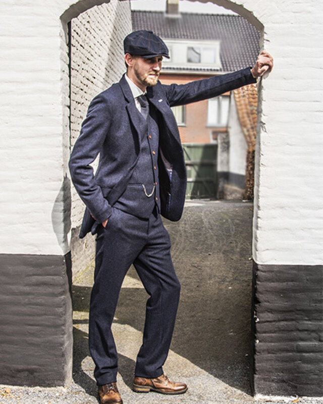 Maatpak voor heren | 3-delig pak | marineblauw visgraat | thomas shelby | peaky blinders