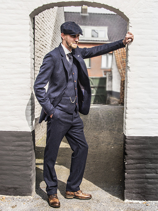 Traje sastre hombre | Traje 3 piezas | Espiga azul marino | Thomas Shelby | Persianas de pico