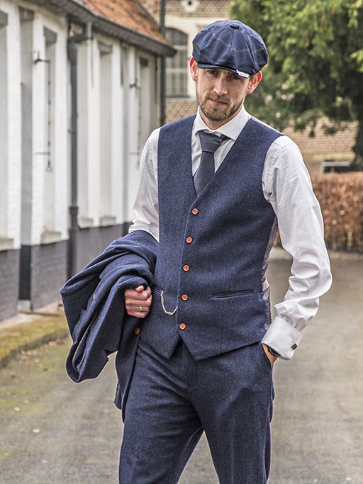 Maatpak voor heren | 3-delig pak | marineblauw visgraat | thomas shelby | peaky blinders
