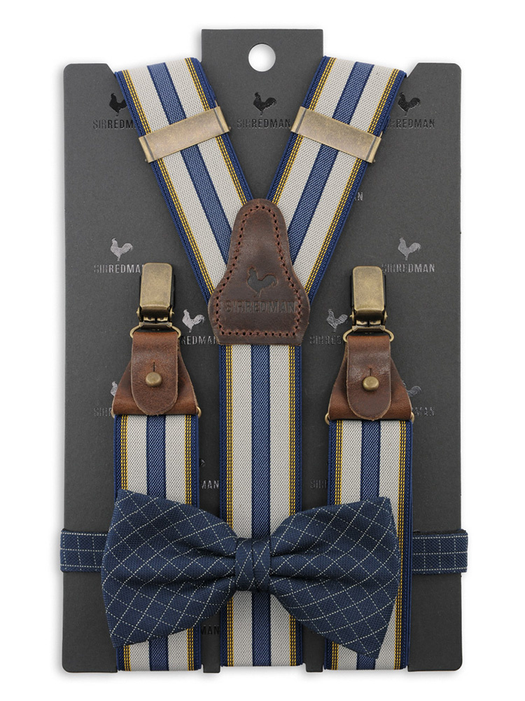 Sir Redman Bretels en Vlinderdas combipack | Blauw / geel / lichtgrijs | Traditionele bretels voor heren