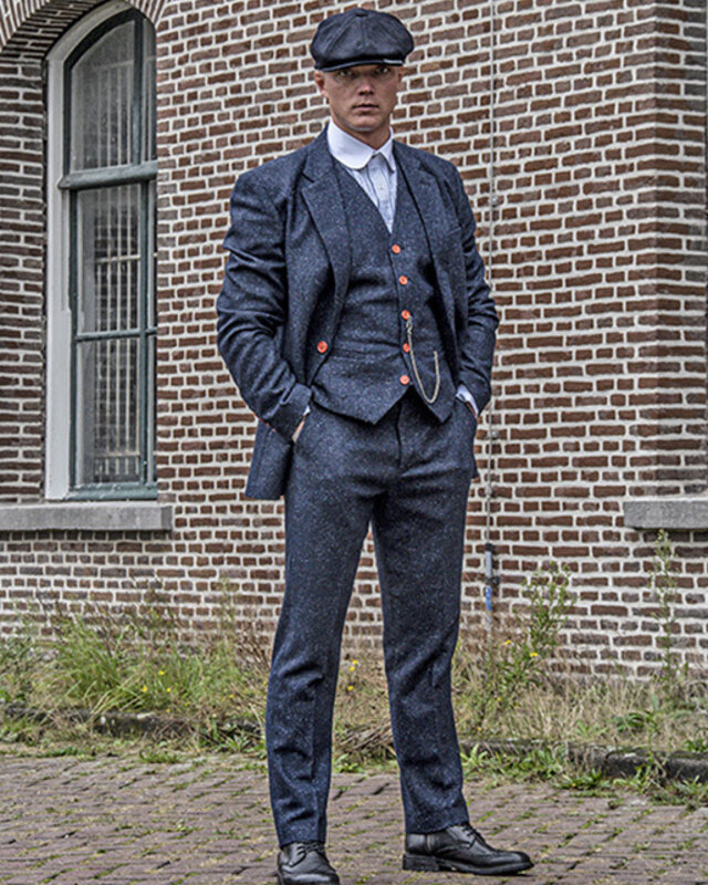 Traje de tweed de 3 piezas Clásico Azul Marino Moteado