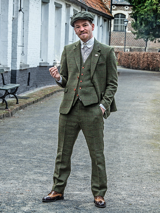 Men's tailored suit | 3-piece suit | olive green Windowpane tweed | Michael Gray | Peaky Blinders