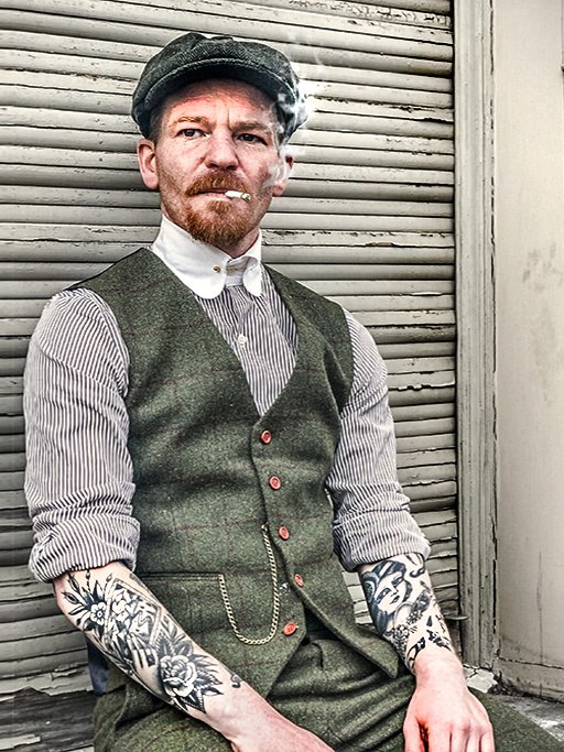 Men's tailored suit | 3-piece suit | olive green Windowpane tweed | Michael Gray | Peaky Blinders