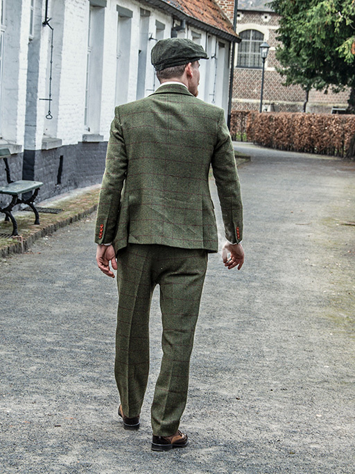 Men's tailored suit | 3-piece suit | olive green Windowpane tweed | Michael Gray | Peaky Blinders
