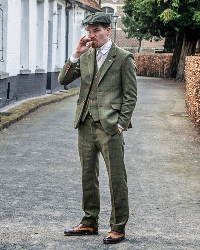 Herren Maßanzug | 3-teiliger Anzug | olivgrüner Windowpane Tweed | Michael Gray | Peaky Blinders