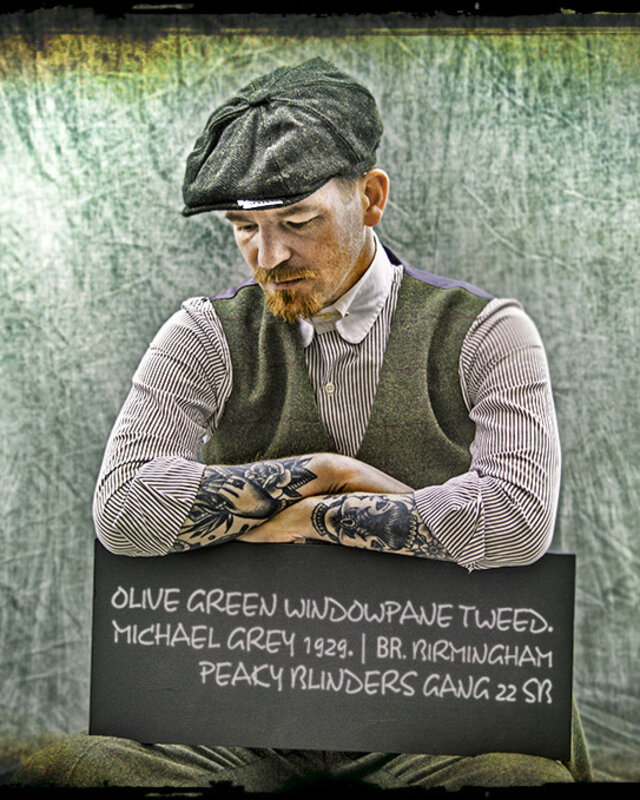 Costume sur mesure pour homme | costume 3 pièces | tweed Windowpane vert olive | Michael Gray | Peaky Blinders