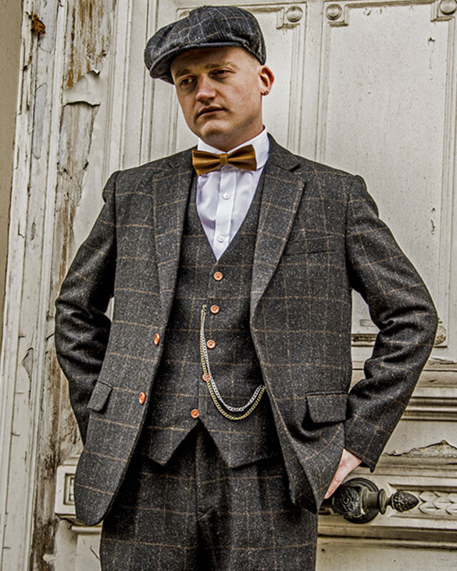 Traje sastre hombre | Traje 3 piezas | Gris oscuro Windowpane tweed | Michael Gray | Peaky Blinders