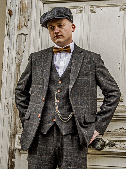Men's tailored suit | 3-piece suit | dark grey Windowpane tweed | Michael Gray | Peaky Blinders