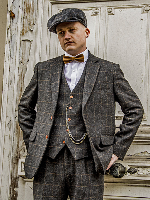 Traje sastre hombre | Traje 3 piezas | Gris oscuro Windowpane tweed | Michael Gray | Peaky Blinders
