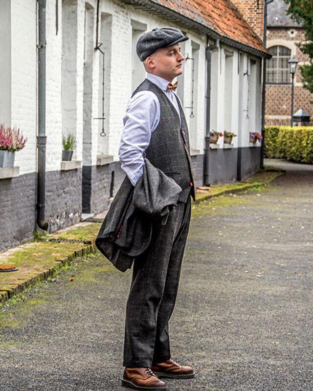 Maatpak voor heren | 3-delig pak | donkergrijs Windowpane tweed | Michael Gray | Peaky Blinders