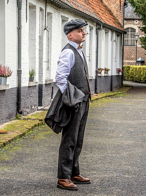Men's tailored suit | 3-piece suit | dark grey Windowpane tweed | Michael Gray | Peaky Blinders