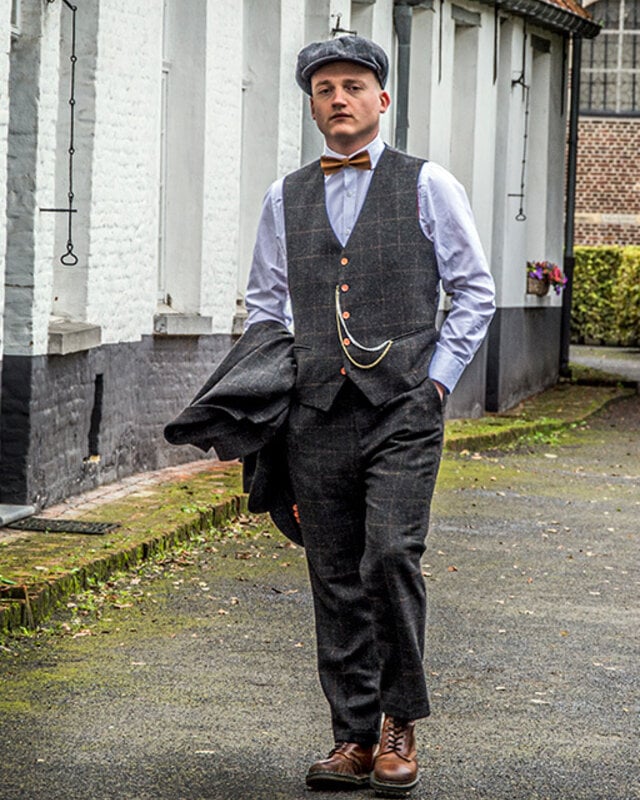 Men's tailored suit | 3-piece suit | dark grey Windowpane tweed | Michael Gray | Peaky Blinders