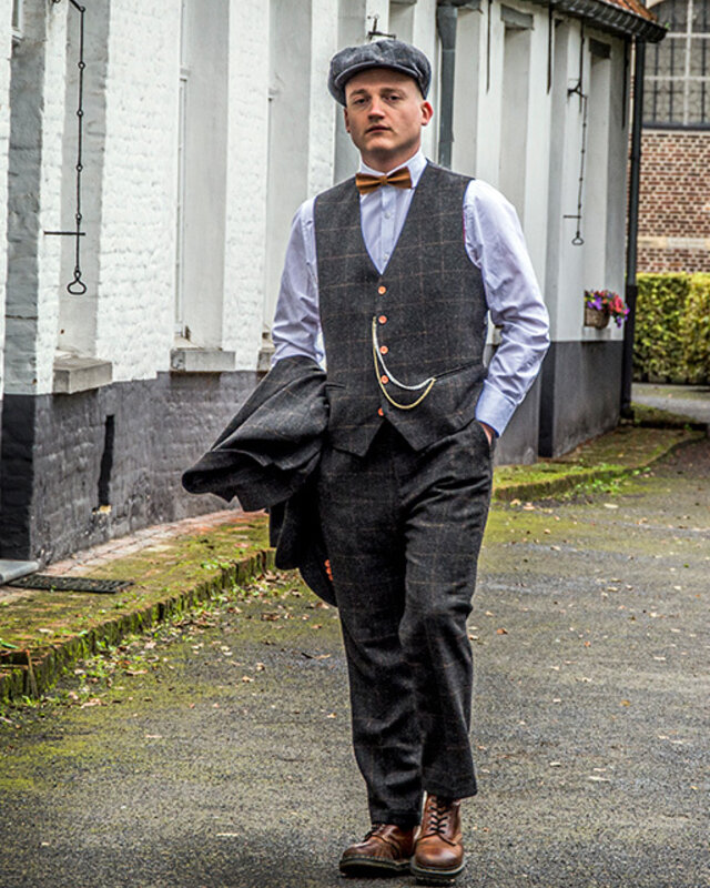 Traje sastre hombre | Traje 3 piezas | Gris oscuro Windowpane tweed | Michael Gray | Peaky Blinders
