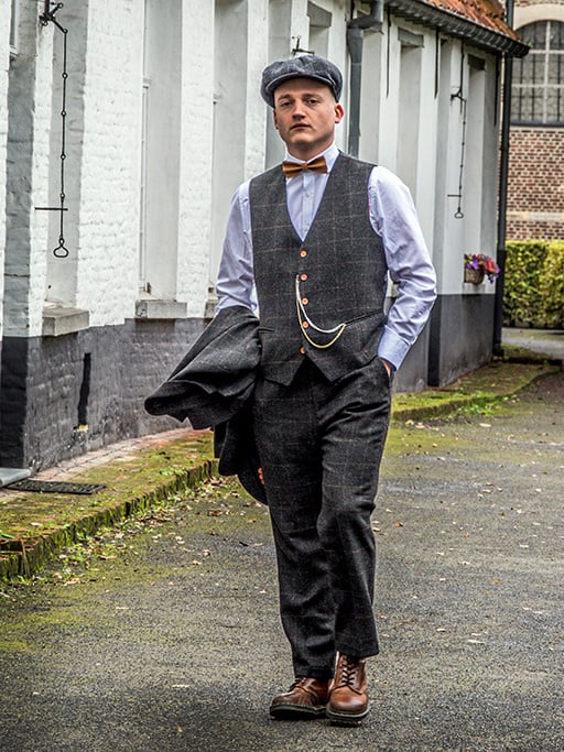 Men's tailored suit | 3-piece suit | dark grey Windowpane tweed | Michael Gray | Peaky Blinders
