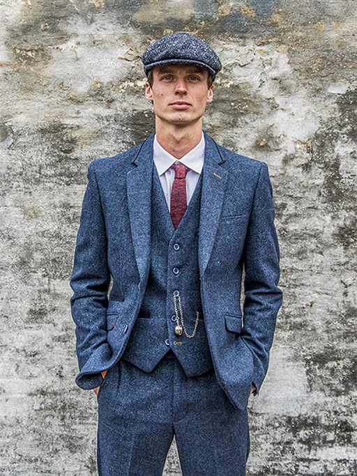 Carnegi men's suit | 3-piece | blue herringbone overcheck | ready-to-wear suit