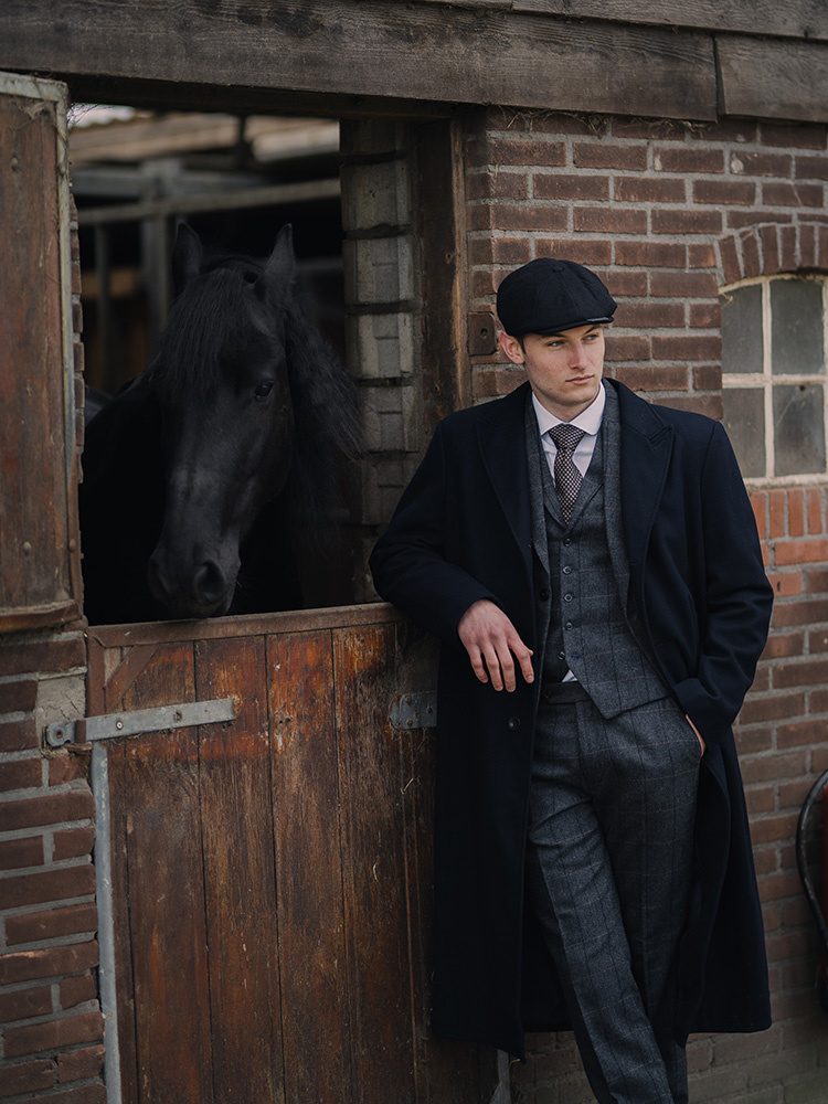 The Patriarch | 3-piece ready-to-wear suit | Charcoal Grey herringbone | Blue-brown overcheck