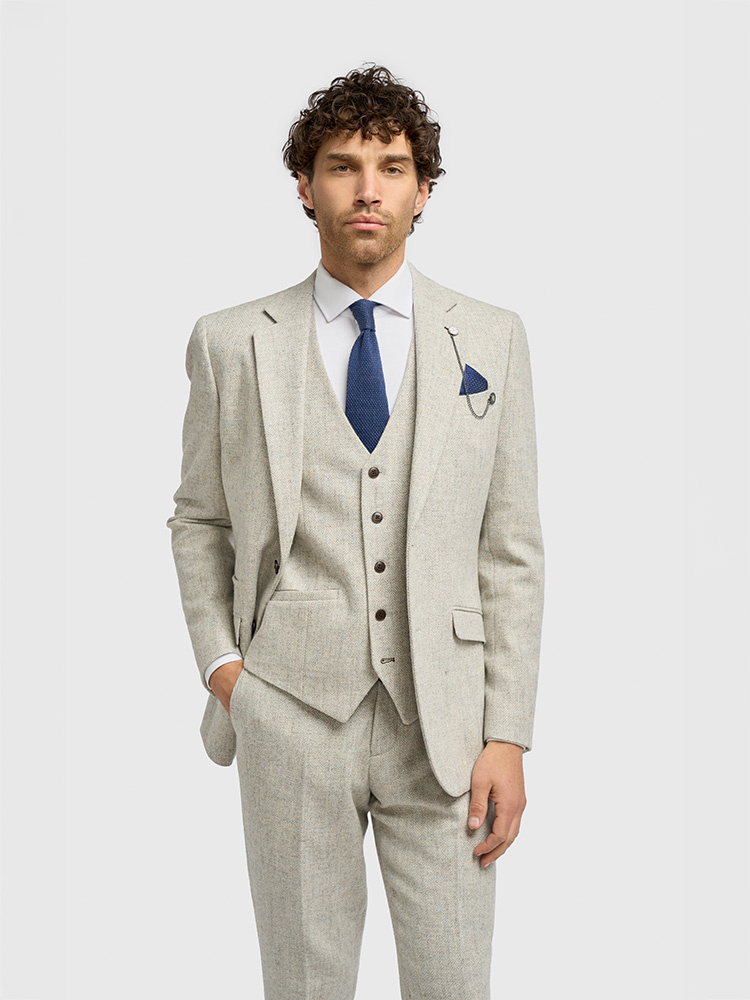 Cavani Thomas Pearl Grey | 3-teiliger Anzug | Blaugraues Fischgrätmuster | Vintage