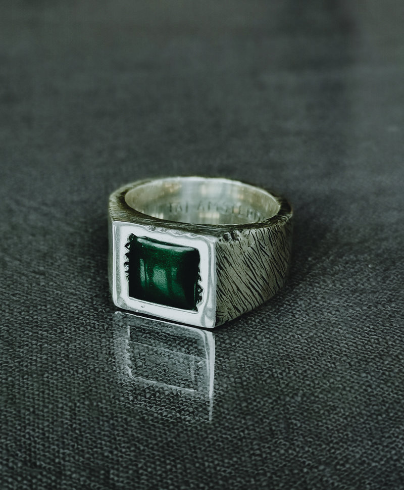 Bague Argent Pierre Verte pour Hommes Kisho