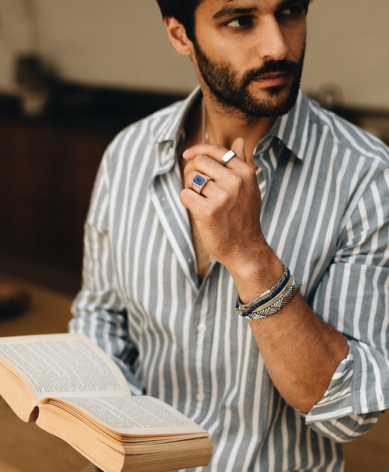 Bague Argent Symbole Pierre Bleue pour Hommes