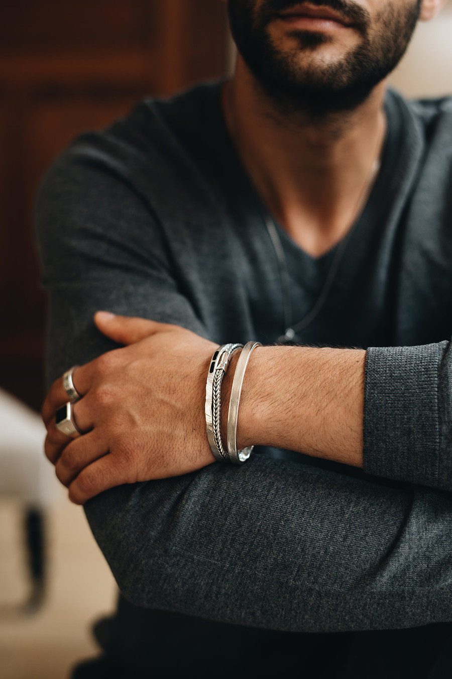 Silver Men's Cuff Bracelet With Black Stone Abel - Taj Amsterdam