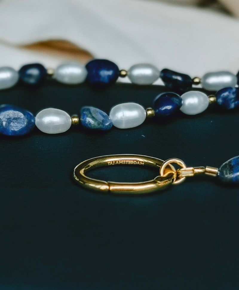 Lapis Lazuli & Pearl Necklace Aiko, Gold Plated