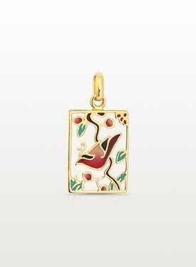 Rectangular Enamel Pendant Suzume, Gold Plated