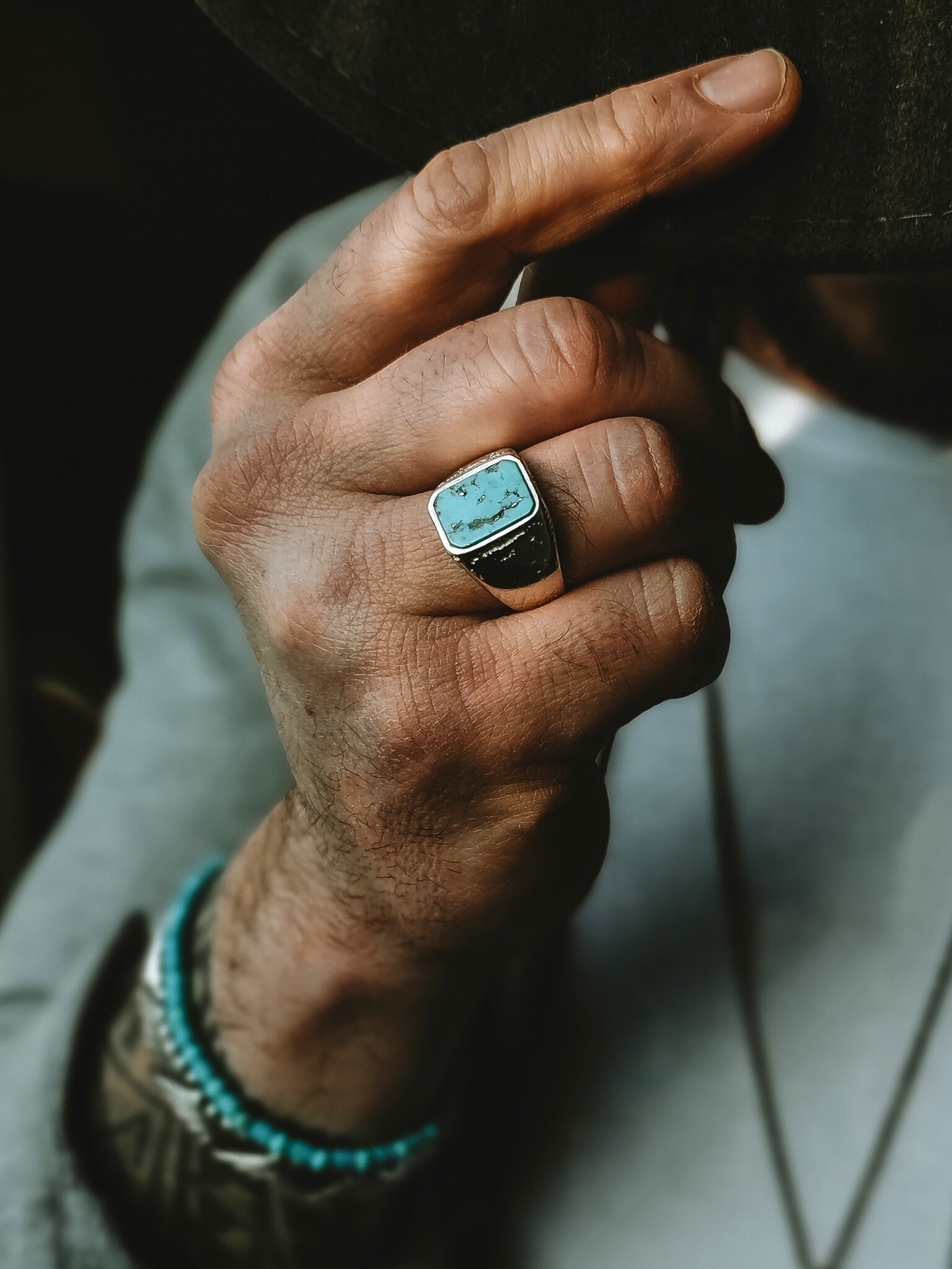 Silver Men's Signet Ring With Turquoise Stone Adric Taj Amsterdam