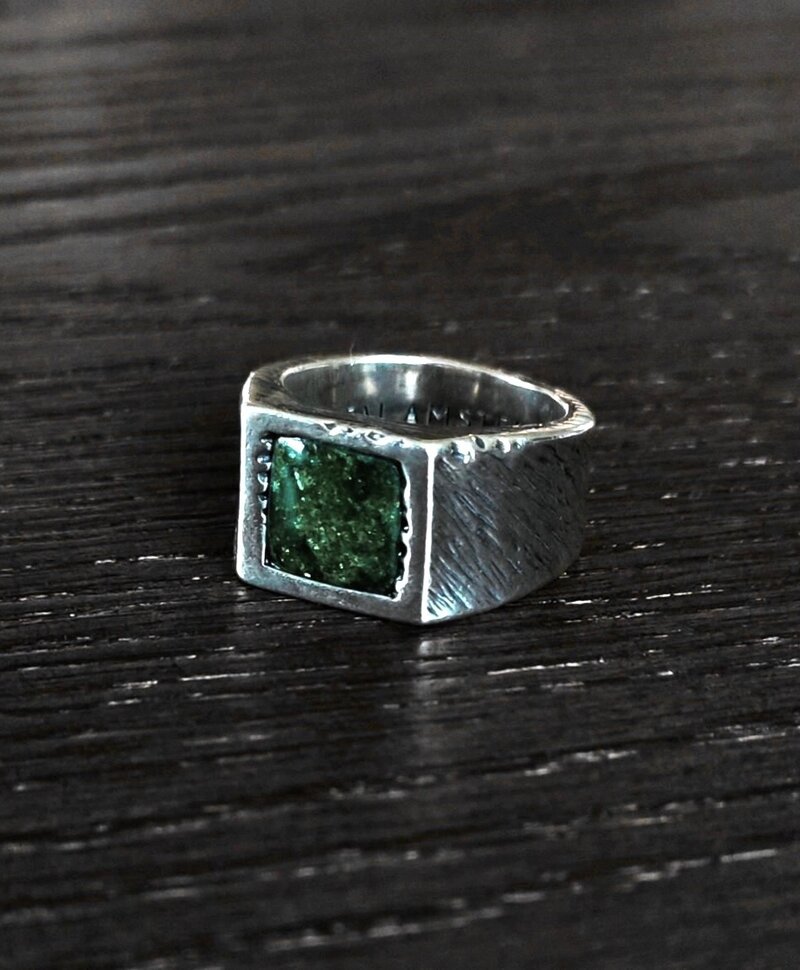 Bague Argent Pierre Verte pour Hommes Kisho