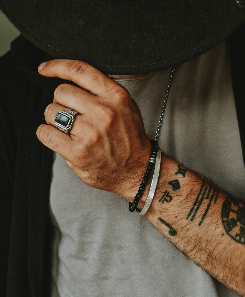 Bracelet en perles d’onyx noir et argent pour homme Vidar