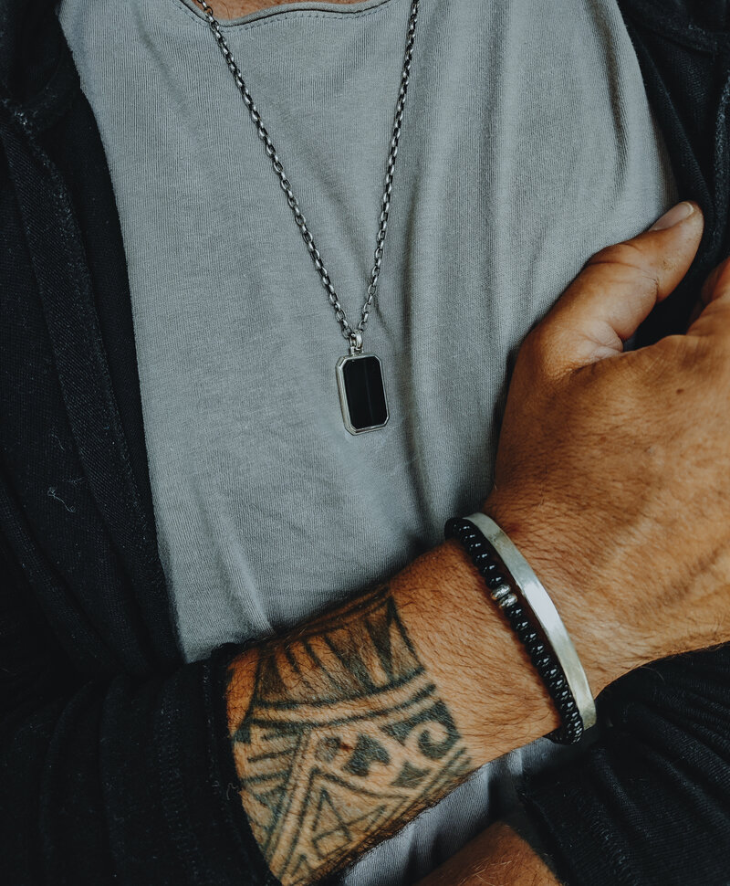 Bracelet en perles d’onyx noir et argent pour homme Vidar