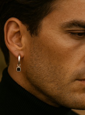 Silver Black Onyx Earring Charm Men Varg