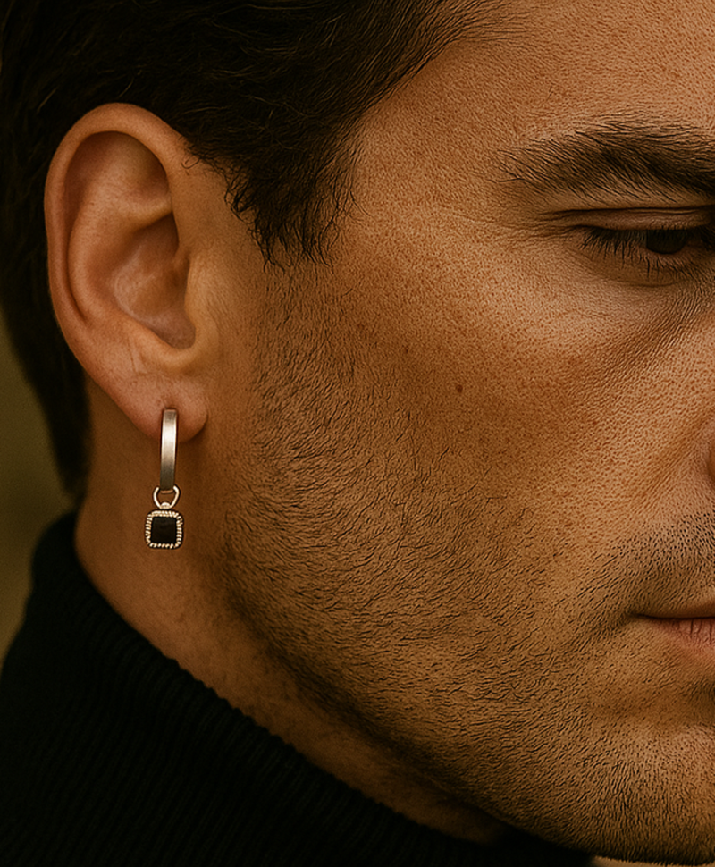 Zilveren Zwarte Onyx Oorbel-Bedel Heren Varg