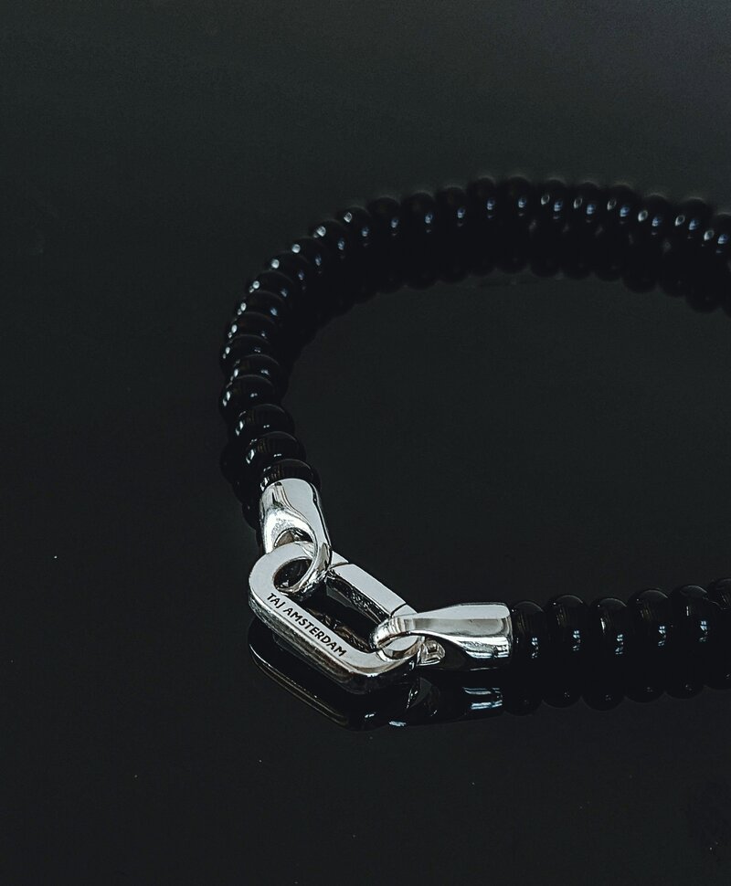 Bracelet en perles d’onyx noir et argent pour homme Vidar