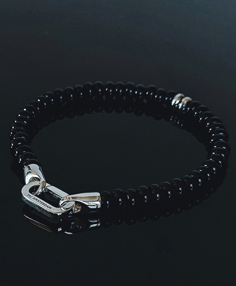 Bracelet en perles d’onyx noir et argent pour homme Vidar