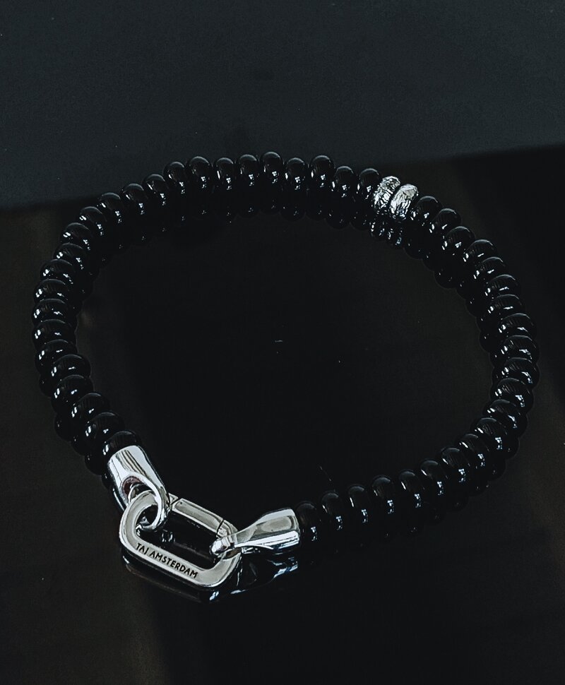 Bracelet en perles d’onyx noir et argent pour homme Vidar