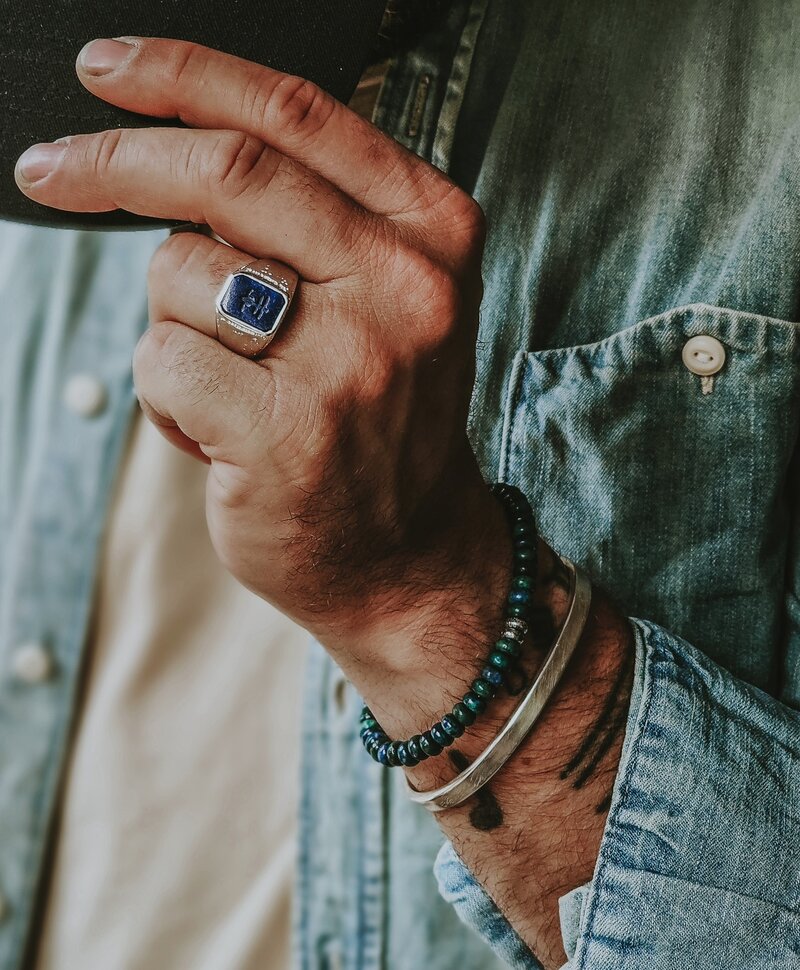 Bracelet en perles bleu-vert et argent pour homme Kaito