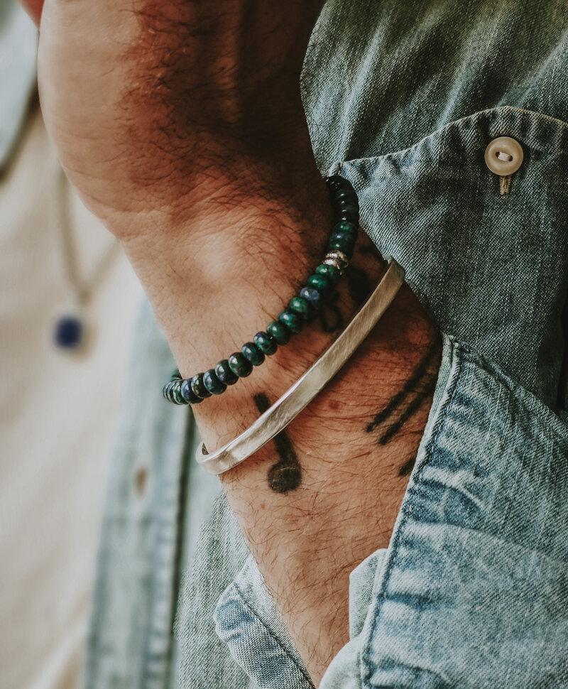 Bracelet en perles bleu-vert et argent pour homme Kaito