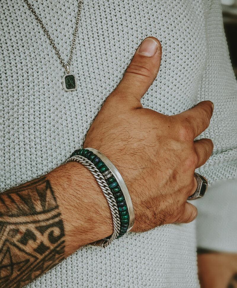 Bracelet en perles bleu-vert et argent pour homme Kaito